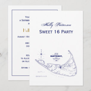 Invitación Nantucket Island MAMÁES Vintage Map Navy Blue
