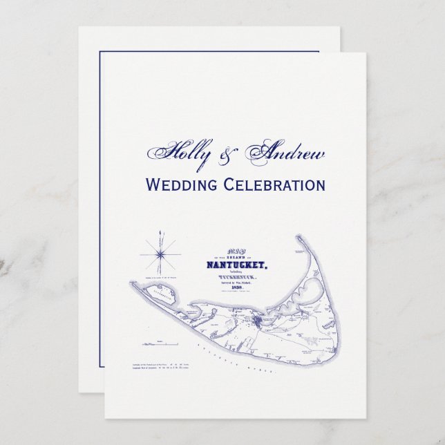 Invitación Nantucket Island MAMÁES Vintage Map Navy Blue (Anverso / Reverso)