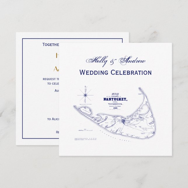 Invitación Nantucket Island MAMÁES Vintage Map Navy Blue (Anverso / Reverso)