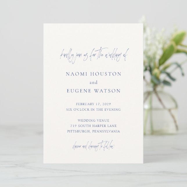 Invitación Naomi Denim Blue Typography Boda moderno (Anverso de pie)