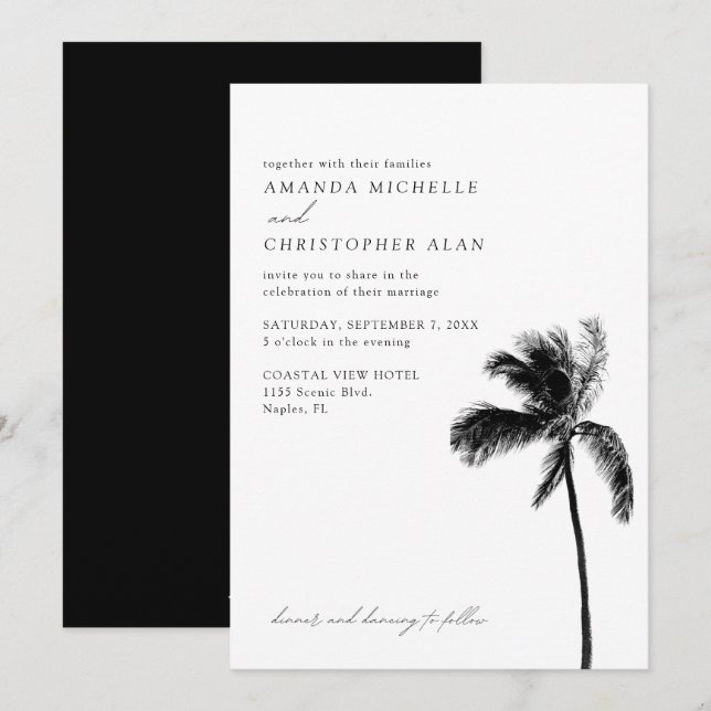 Invitación Nápoles Boda Florida Negro y Blanco Simple (Anverso / Reverso)