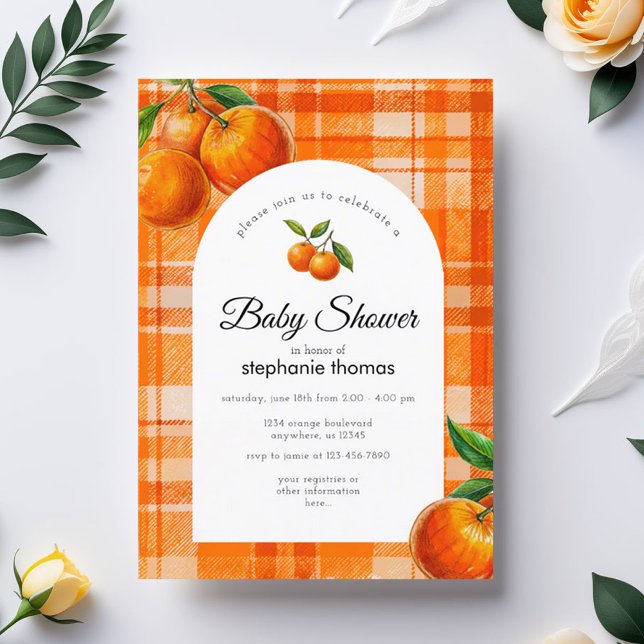 Invitación Naranja 3D Citrus Plaid Handdraw Baby Shower (Subido por el creador)