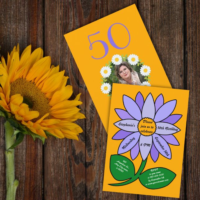 Invitación Naranja 50.º cumpleaños Sencillo Girasol Púrpura (Subido por el creador)