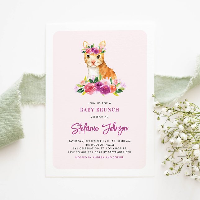 Invitación Naranja acuarela Cat Flores púrpuras Baby Brunch (Subido por el creador)