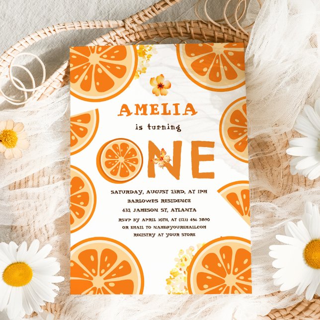 Invitación Naranja acuarela Citrus Bebé Primer cumpleaños (Orange Watercolor Citrus Baby First Birthday Invitation)