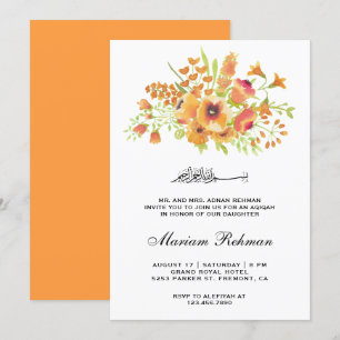 Invitación Naranja acuarela Floral Baby Girl Aqiqah