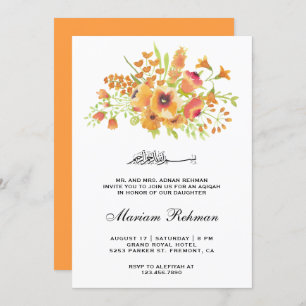Invitación Naranja Acuarela Floral Bebé Aqiqah
