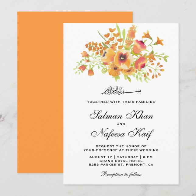 Invitación Naranja acuarela Floral Boda musulmana islámica (Anverso / Reverso)