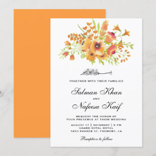 Invitación Naranja acuarela Floral Boda musulmana islámica