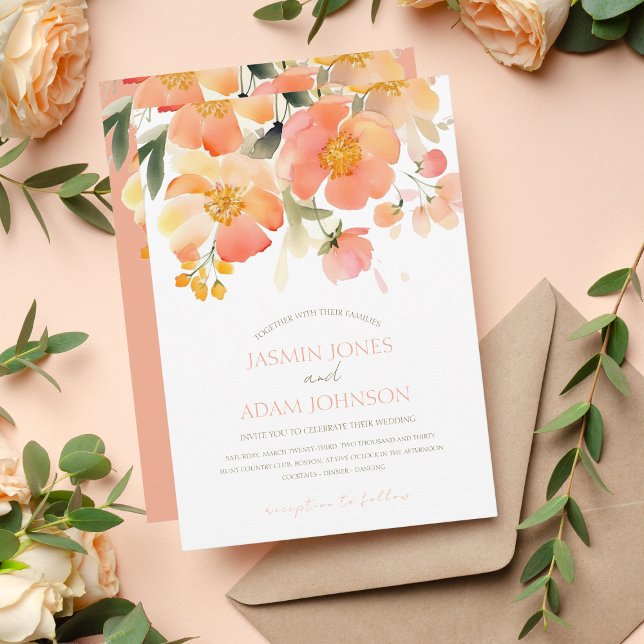 Invitación Naranja acuarela moderna Boda floral de durazno (Subido por el creador)