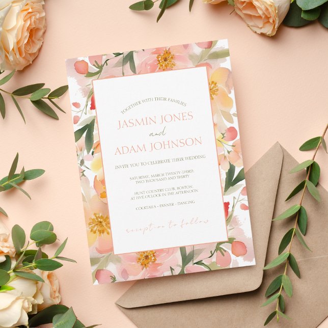 Invitación Naranja acuarela moderna Boda floral de durazno (Subido por el creador)