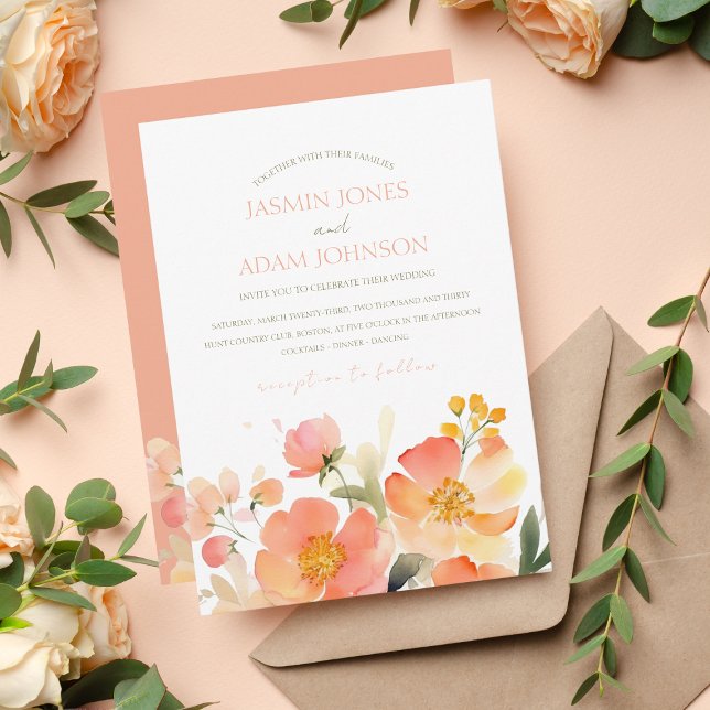 Invitación Naranja acuarela moderna Boda floral de durazno (Subido por el creador)