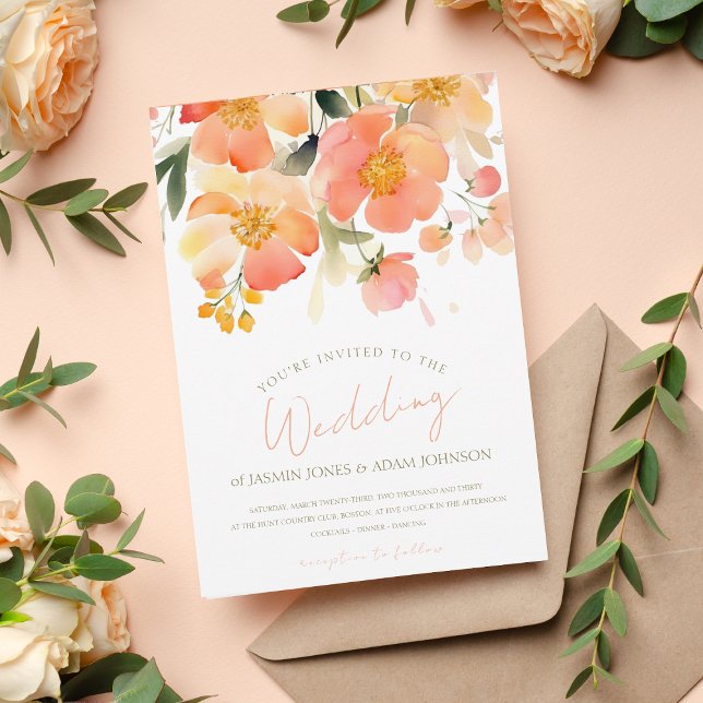 Invitación Naranja acuarela moderna Boda floral de durazno (Subido por el creador)