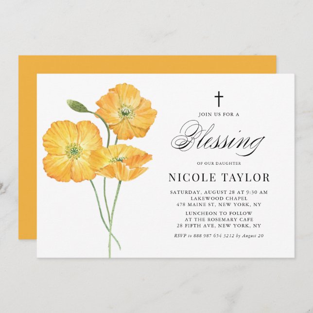 Invitación Naranja acuarela Poppies Bendición Floral del bebé (Anverso / Reverso)