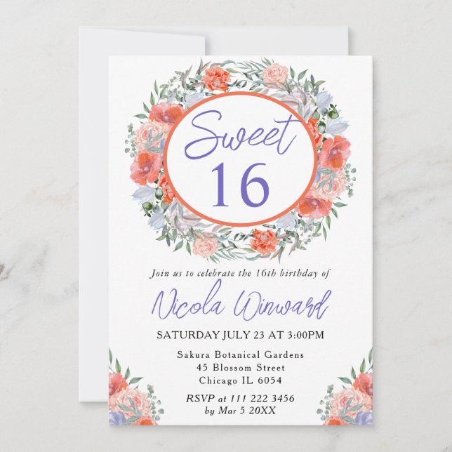 Invitación Naranja acuarela y dulce morado 16 (Anverso)