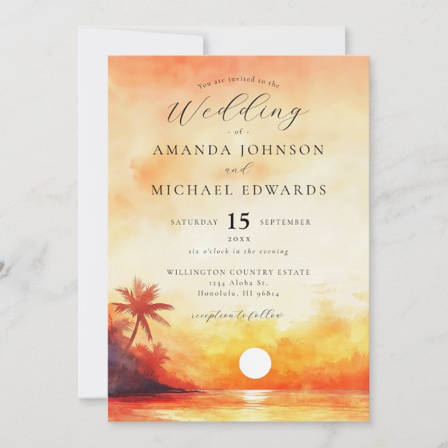 Invitación Naranja acuático Boda de fotos de la puesta de sol (Anverso)