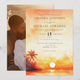Invitación Naranja acuático Boda de fotos de la puesta de sol