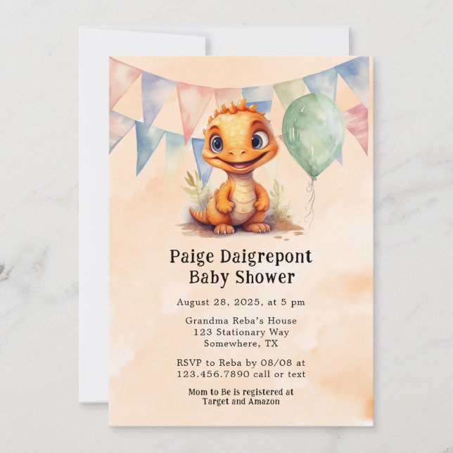 Invitación Naranja acuático Dinosaur Boy Baby Shower (Anverso)
