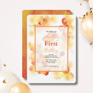 Invitación Naranja Adorable Acuarela Bebé y Juguetes Cumpleañ