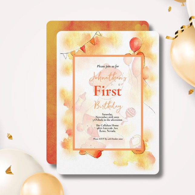 Invitación Naranja Adorable Acuarela Bebé y Juguetes Cumpleañ (Subido por el creador)