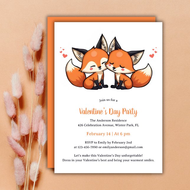 Invitación Naranja Adorable Fox El día de San Valentín Fiesta (Adorable Valentine's Day Party Invitation with Fox Couple Design)