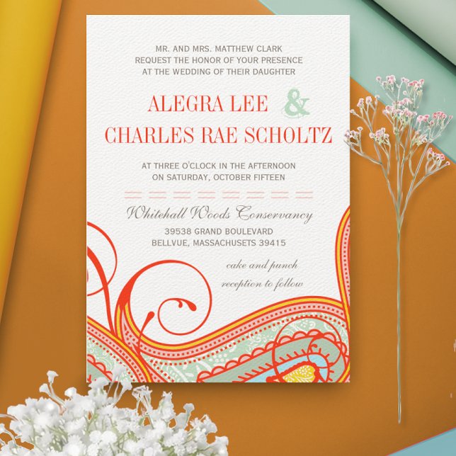 Invitación Naranja amarillo Aqua Mint Persimmon Paisley Boda (Subido por el creador)