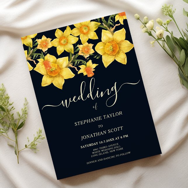 Invitación Naranja amarillo azul marino daffodils boda floral (Navy blue yellow orange daffodils floral wedding)