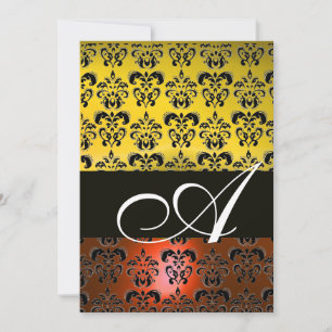 Invitación Naranja AMARILLO BLACK DAMASK MONOGRAM, blanco bri