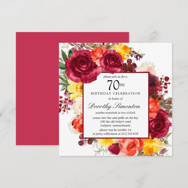 Invitación Naranja amarillo borgoña Floral 70 cumpleaños Invi (Anverso / Reverso)