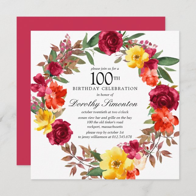 Invitación Naranja amarillo borgoñona Floral 100 cumpleaños (Anverso / Reverso)