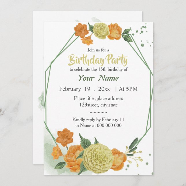 Invitación naranja amarillo color verde floral cumpleaños geo (Anverso / Reverso)