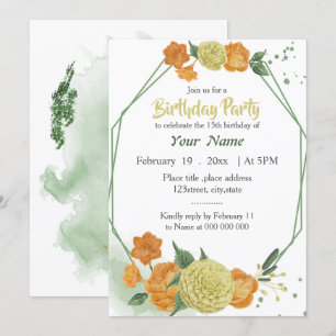 Invitación naranja amarillo color verde floral cumpleaños geo