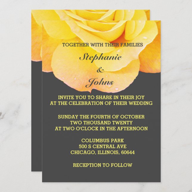 Invitación Naranja amarillo dorado floral Gris Gris Cute Boda (Anverso / Reverso)