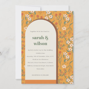 Invitación Naranja amarillo Groovy Boda floral de arco retro