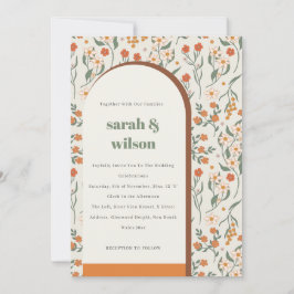 Invitación Naranja amarillo Groovy Boda floral de arco retro