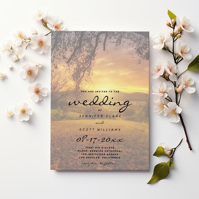 Invitación Naranja amarillo hermosa puesta de sol boda (Orange yellow beautiful sunset countryside wedding)