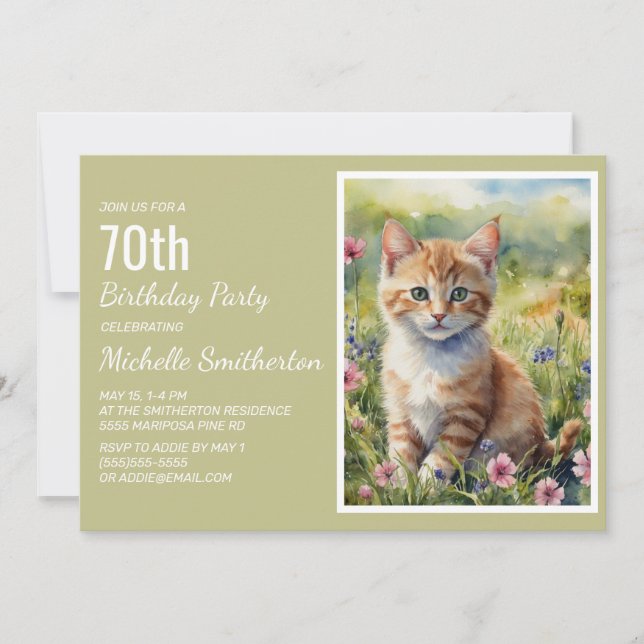 Invitación Naranja amarillo Kitten Cat Lover 70 cumpleaños (Anverso)