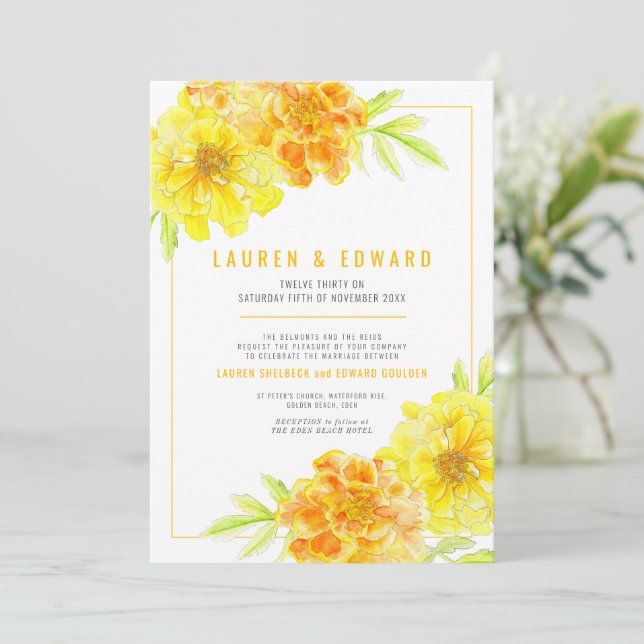 Invitación Naranja amarillo marrón boda de flores acuarelas (Anverso de pie)