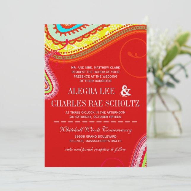 Invitación Naranja amarillo moderno Aqua Mint Boda Red Paisle (Anverso de pie)