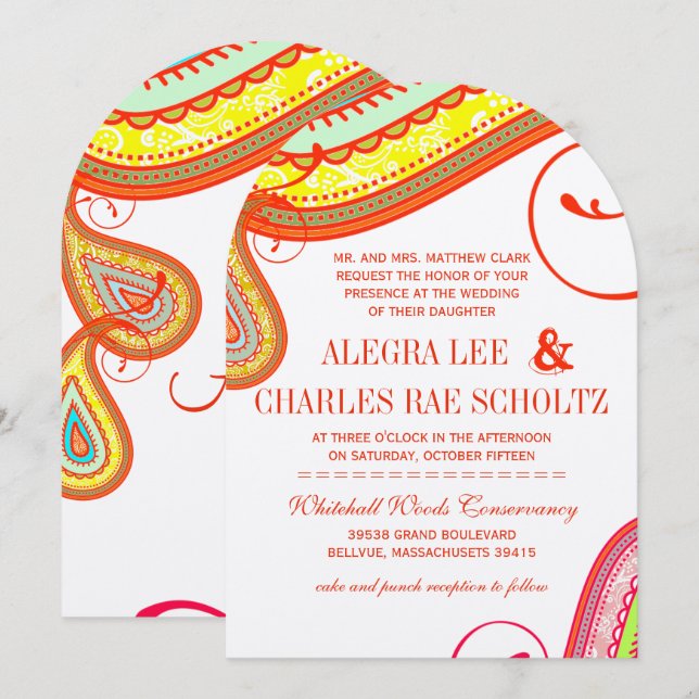 Invitación Naranja amarillo moderno Aqua Mint Paisley Boda (Anverso / Reverso)