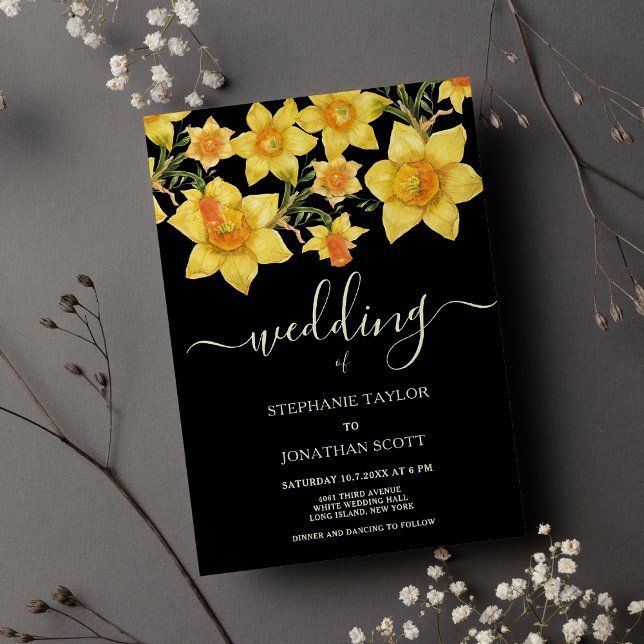 Invitación Naranja amarillo negro  daffodil boda floral (Black yellow orange daffodils floral wedding)
