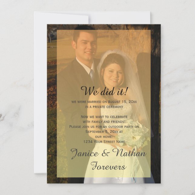 Invitación Naranja amarillo Ombre Overlay Photo Reception Onl (Anverso)