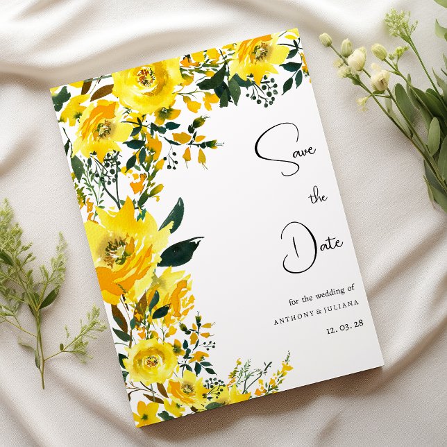 Invitación Naranja amarillo verano floral botánica Save the D (Orange yellow summer botanic floral Save the Date)