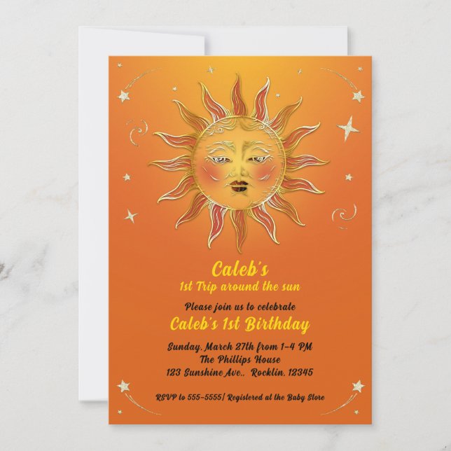 Invitación Naranja Amarillo Viaje Alrededor del Sol Cumpleaño (Anverso)