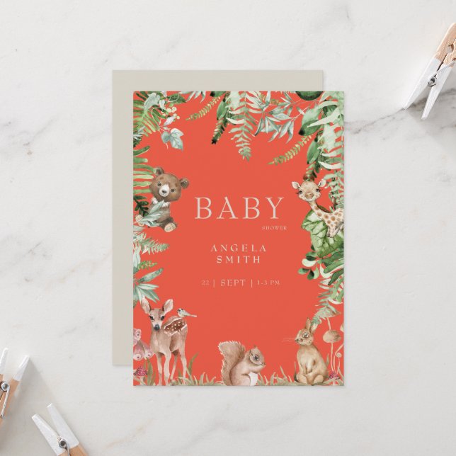 Invitación Naranja Animal Baby Shower (Anverso/Reverso In Situ)