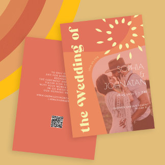 Invitación Naranja antirrobo de código QR  retro negrita boda