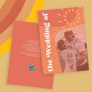 Invitación Naranja antirrobo de código QR retro negrita boda