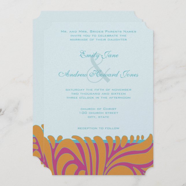 Invitación Naranja aplastado Aqua Fuchsia se balancea con pla (Anverso / Reverso)