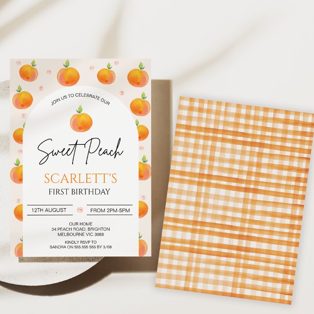 Invitación Naranja Arco Moderno Nuestro dulce sabor primer cu (Arch Girls Our Sweet Peach Birthday Invitations, Little Peach invite, 1st Birthday Invitations Girl )