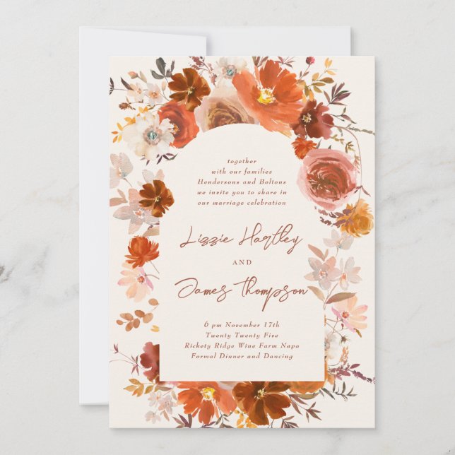 Invitación Naranja ardiente de crema Boda del arco botánico f (Anverso)